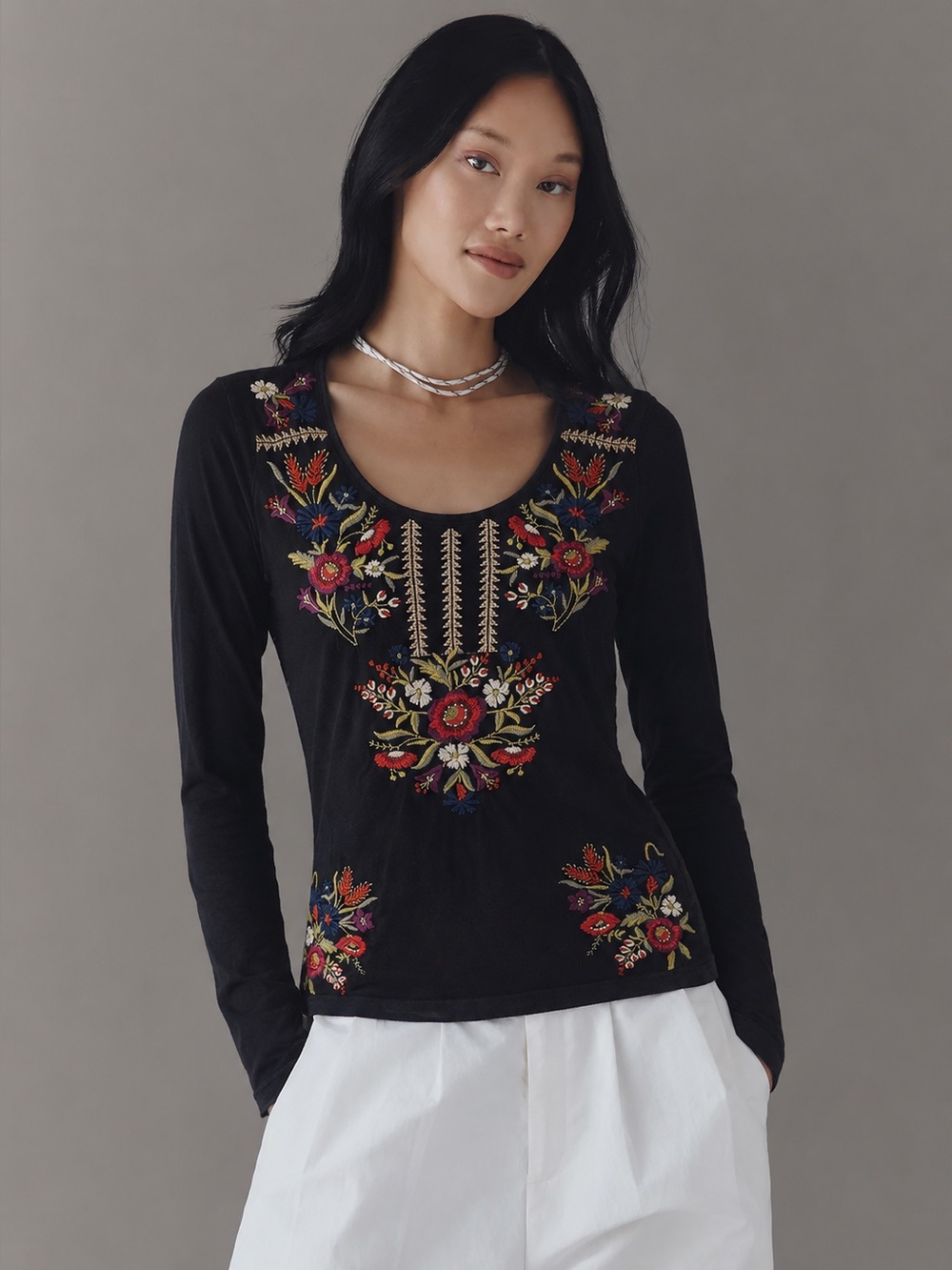 Johnny Was JW Los Angeles Women's Black Long-Sleeve Embroidered Tee